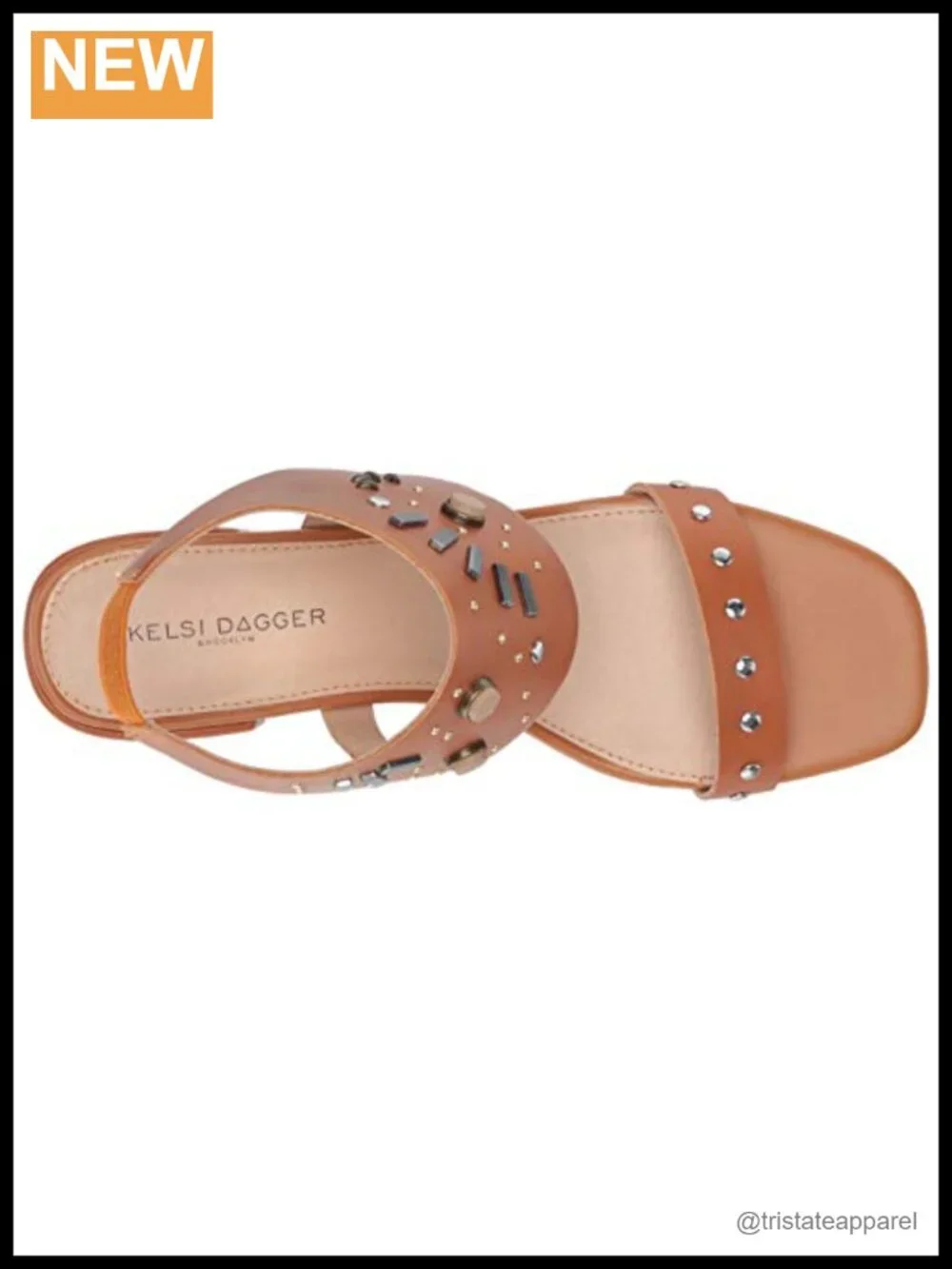 Genuine Leather Heeled Sandal Elastic Ankle Strap Metal Stud Block Mid Heel